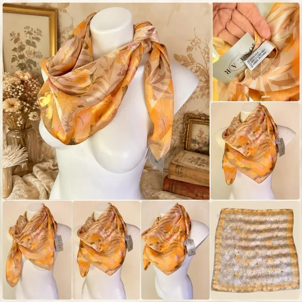 Vintage Oscar de la Renta Silk Hibiscus Floral Scarf 1990s Peach Gold NWT 34in